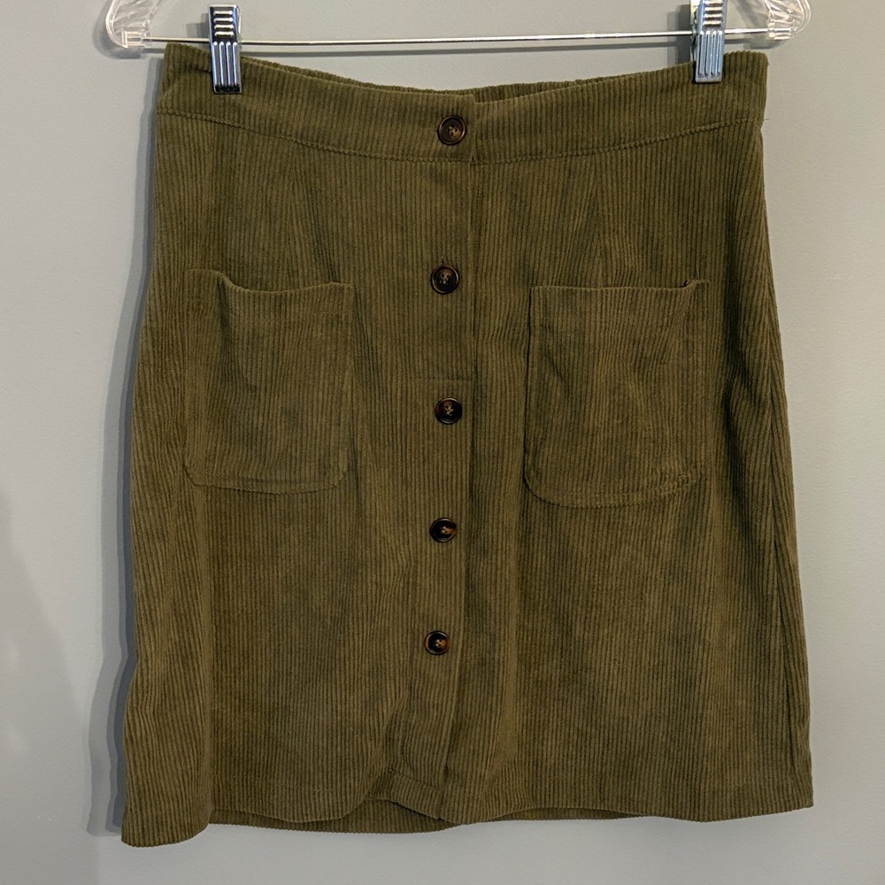 Olive Green Corduroy Button-Front Skirt